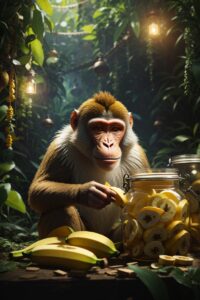 a monkey trying to unscrew the lid of a jar of pickled bananas